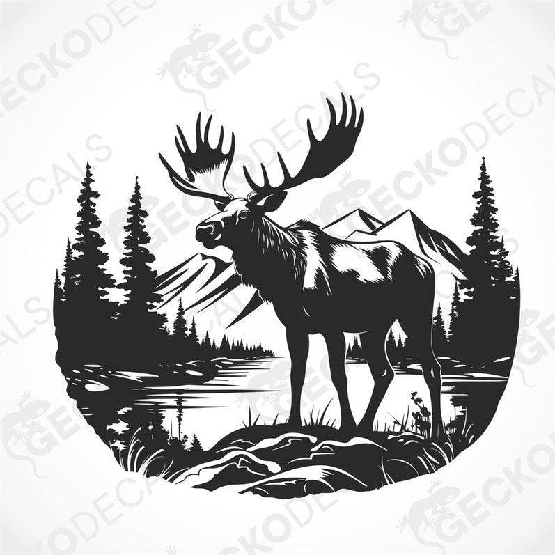 A decal of a moose in a forest and mountain setting, intended for use on a vehicle.