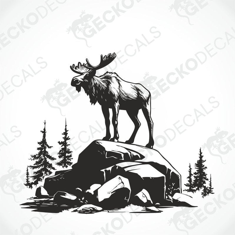A decal of a moose standing on a rock with a forest and mountains background.