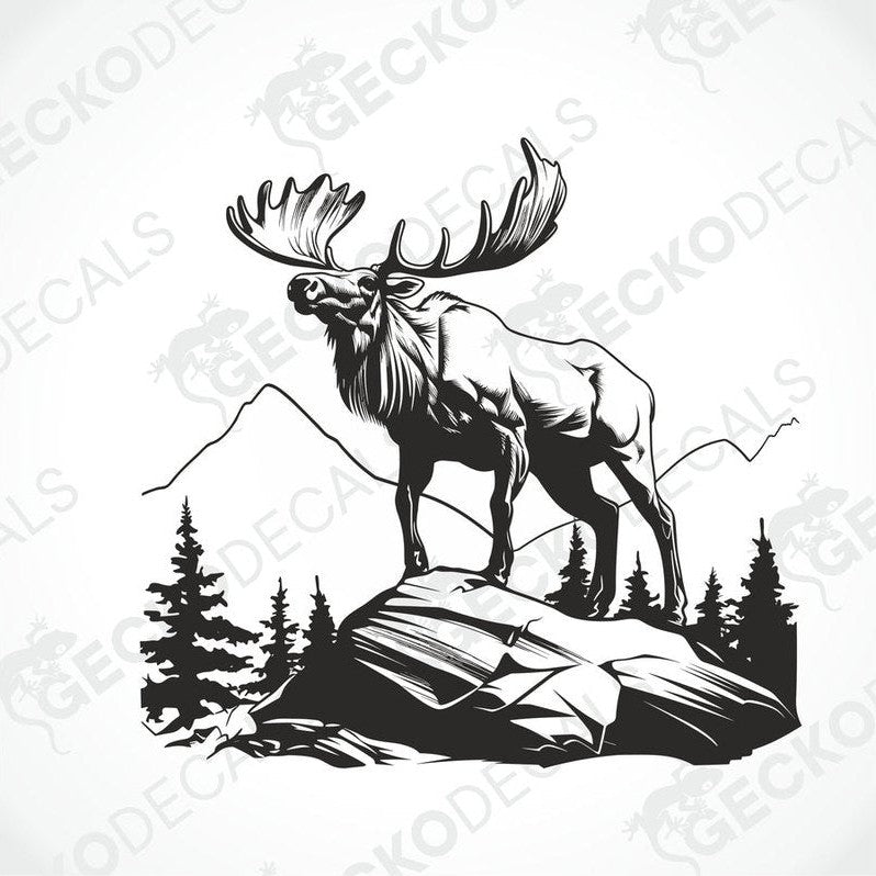 A decal of a moose in a mountainous landscape, intended for use on a vehicle.
