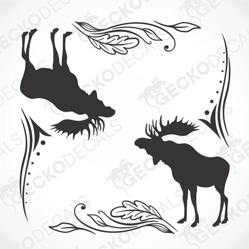 A set of two black and white decals of moose on a white background, with decorative elements around each moose.
