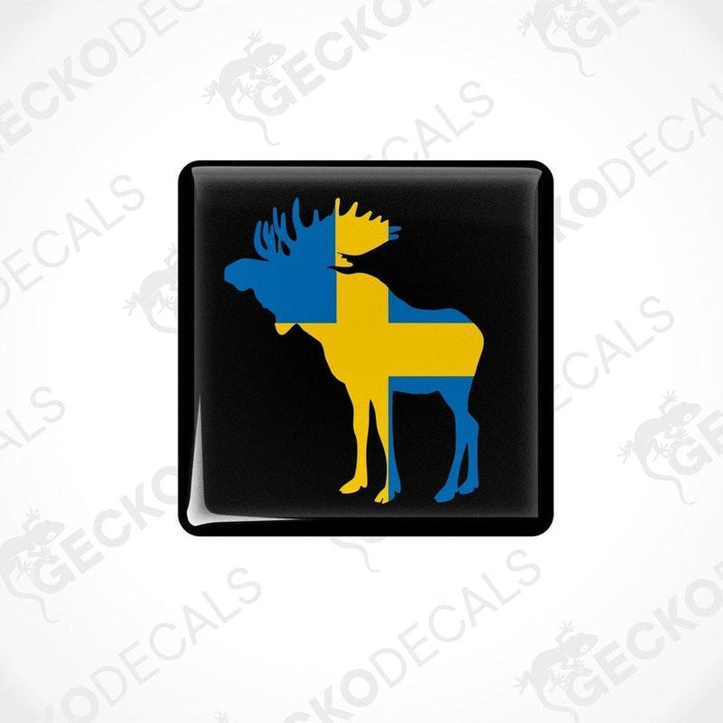 Square car decals featuring a moose silhouette in blue and yellow on a black background.