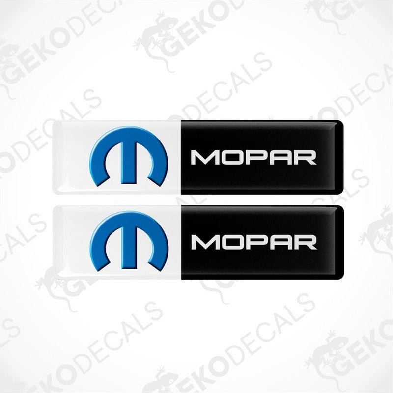 Two Mopar logos, one blue and one black, on a white background with 'Geckodecals' branding.