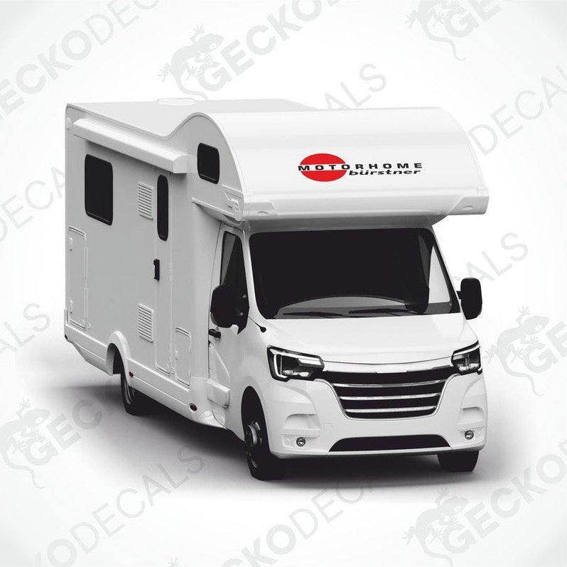 A white motorhome decal with a red and black 'Bürstner' logo on the side.