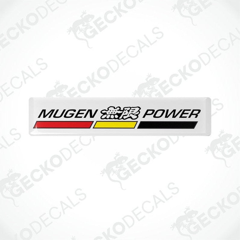 Rectangular white vinyl decals with 'MUGEN POWER' text in white and red accents