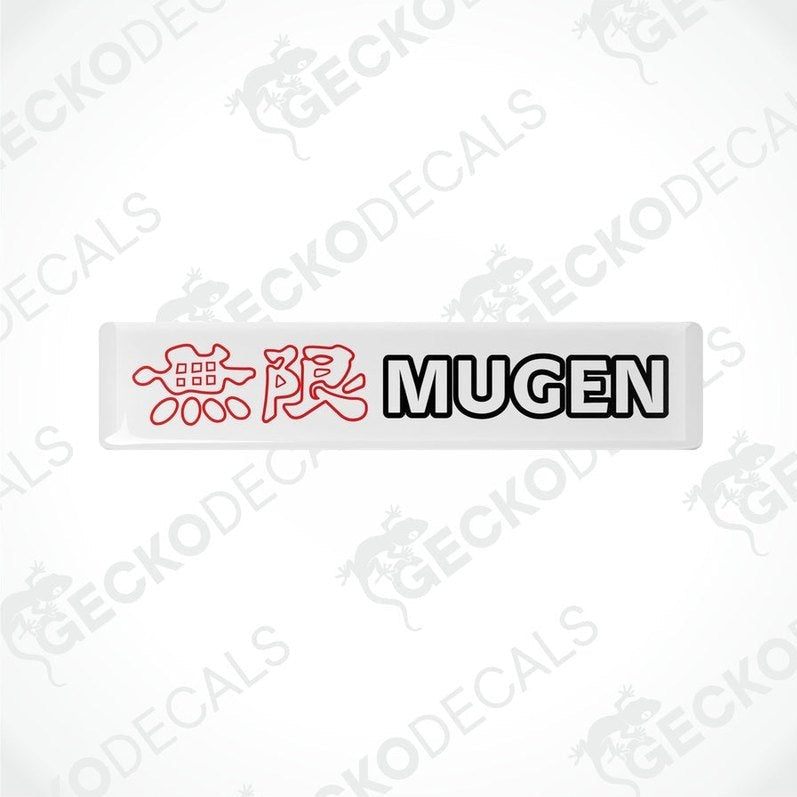 White vinyl stickers with red and black text and graphics, including the word 'MUGEN'.