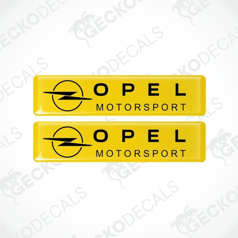 Two yellow Opel Motorsport decals on a white background with 'Gecko Decals' branding.