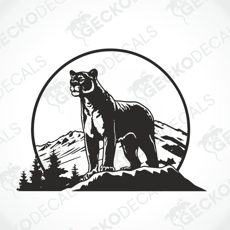 A black decal of a panther in the mountains, designed for use as a car sticker.