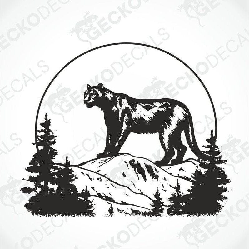 A black die cut decal of a panther in the mountains, positioned on a vehicle.