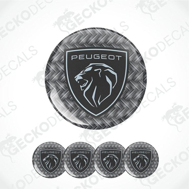 Peugeot logo with a textured background and five smaller logos below on a white background.