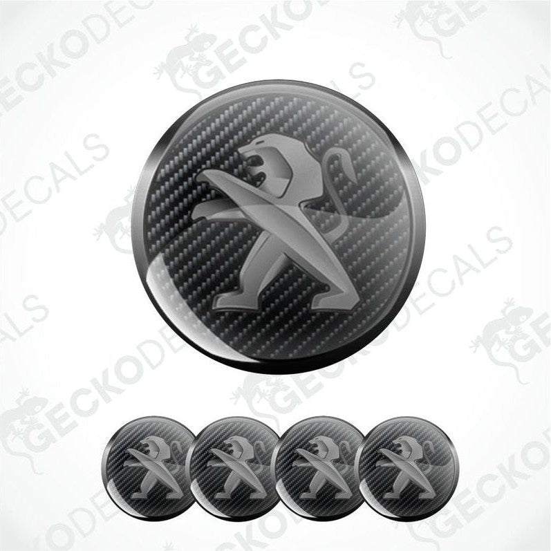 Carbon fiber patterned Peugeot logo decal on a white background