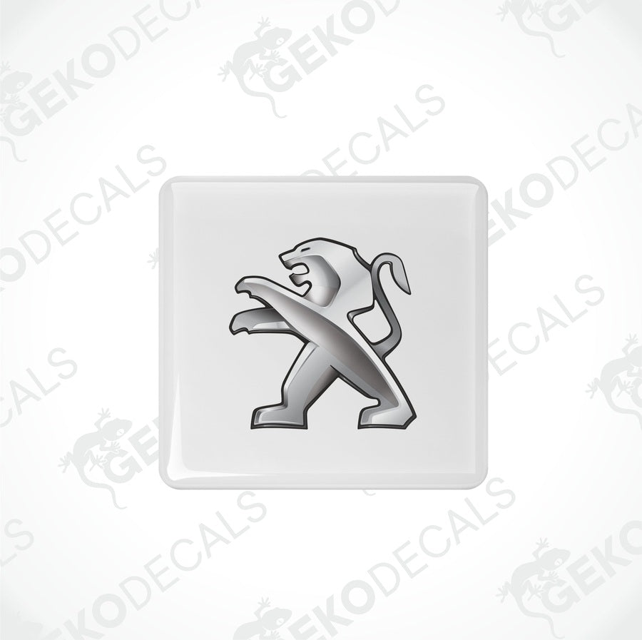 Withe and silver vinyl stickers with a Peugeot logo and a lion graphic.