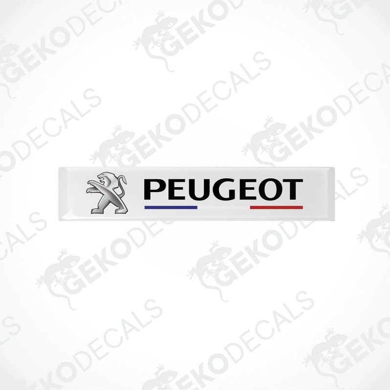 Withe vinyl decals with the PEUGEOT brand logo and the name 'FRANCE' featured in a stylized manner. The decals have a glossy finish and are designed for use as car stickers.