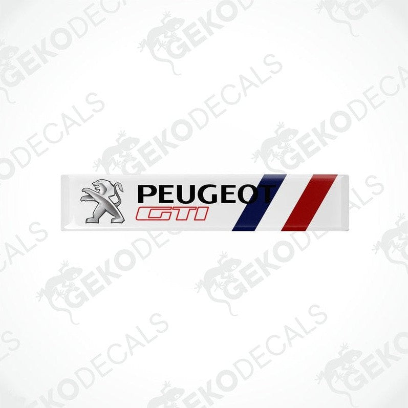 PEUGEOT GTI vinyl stickers with a withe, red, black, and blue color scheme.
