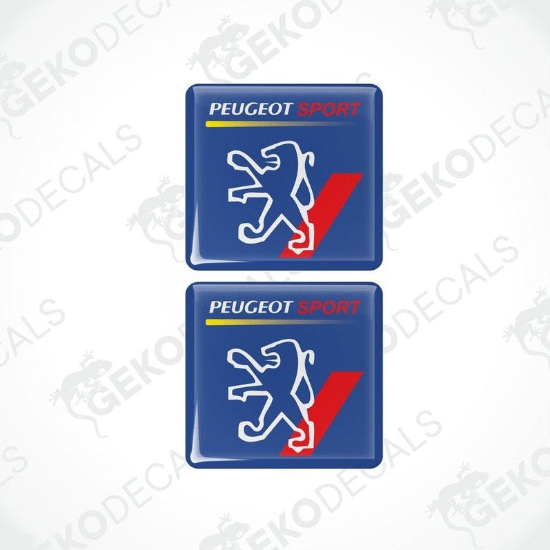 Two blue, white, and red PEUGEOT SPORT vinyl decals with a polyurethane coating.