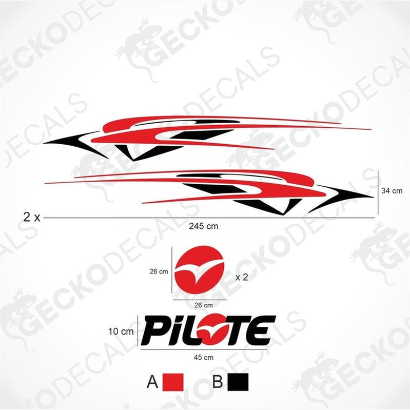 A white caravan with red and black decals featuring the PILOTE brand logo and design.