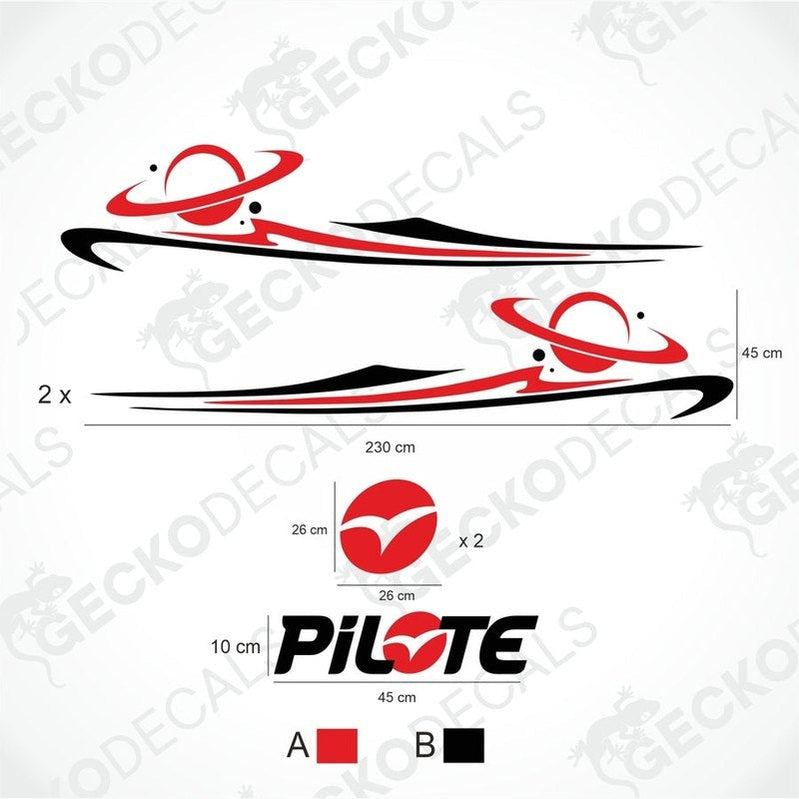 A white Pilote brand caravan with red and black decals, including oval and rectangular logos, displayed on a white background. Additional decal designs are shown in the inset images.