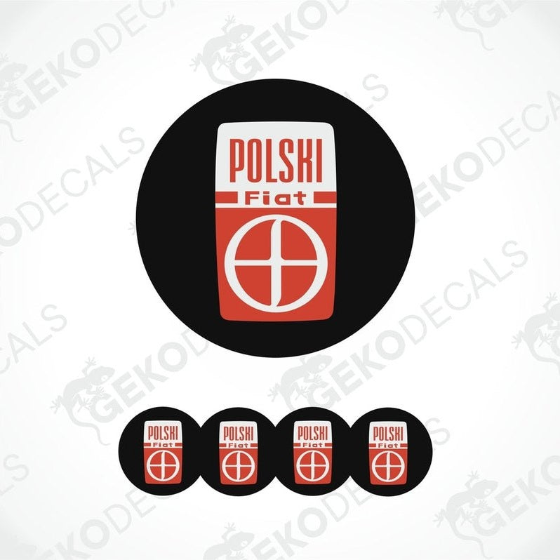A set of four round decals with the text 'Polski Fiat' on a red and white background, designed for use on vehicle wheels.