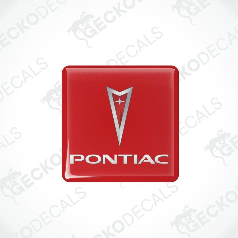 Square-shaped vinyl decals with a polyurethane coating, featuring the PONTIAC logo in red, white, and silver colors.