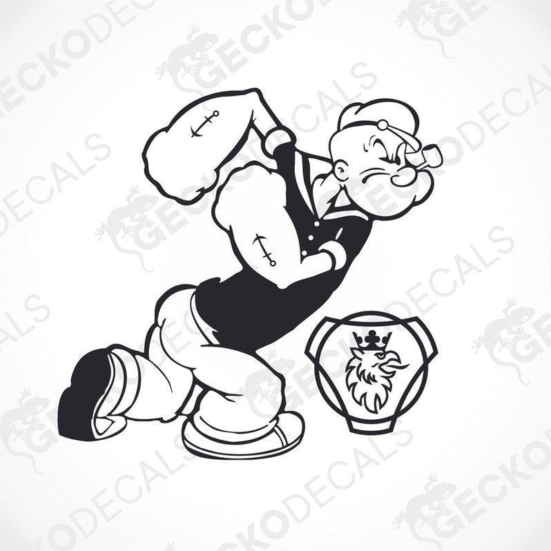 A black and white decal of Popeye with a Scania truck logo.