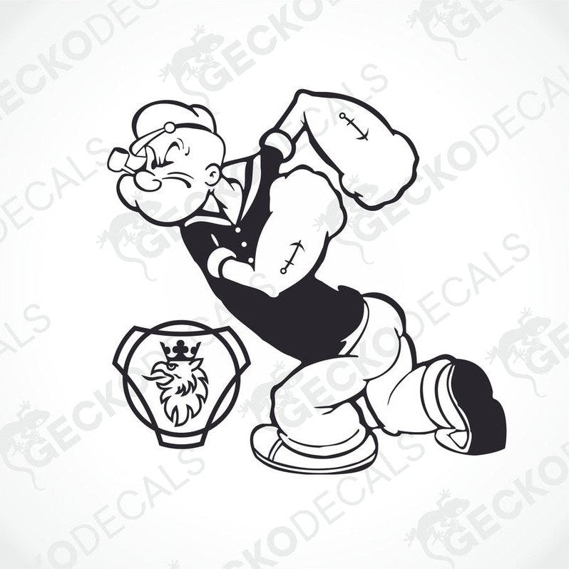 A black and white decal of Popeye with a Scania truck logo.
