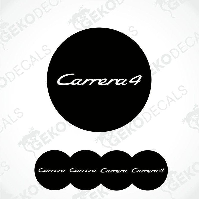A set of four black vinyl stickers with the text 'CARRERA 4' designed for use on vehicle wheel caps.