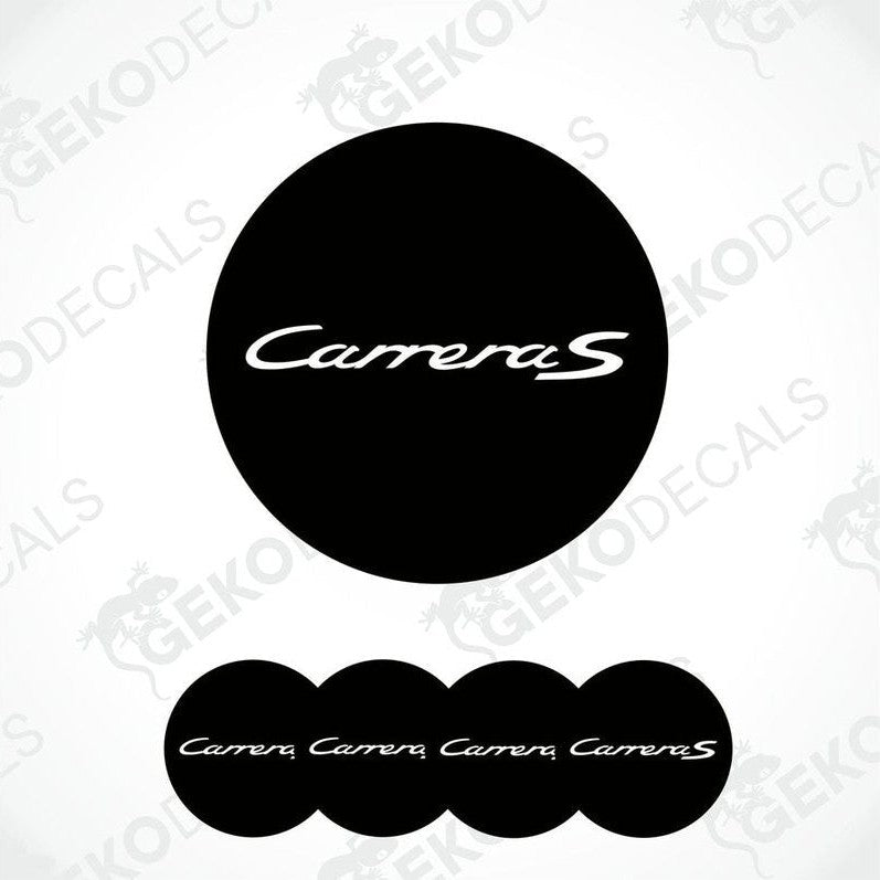 A set of four black vinyl stickers with the word 'CARRERA S' printed on them, arranged in a stack with the top sticker being the one that shows the word 'CARRERA S' the most clearly.