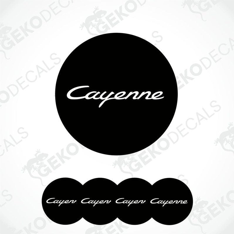 A set of four black vinyl stickers with the word 'CAYENNE' printed on them, designed for use as car decals.