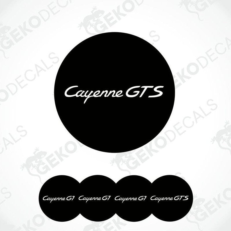 A set of four black vinyl stickers with the text 'CAYENNE GTS' on a white background, with a logo depicting a black car.