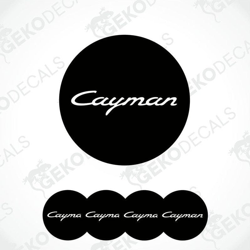 A set of four black vinyl stickers with the word 'CAYMAN' written on them, arranged in a stacked fashion with the top sticker being the largest and the others progressively smaller.