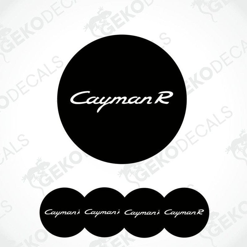 A set of four black vinyl stickers with the text 'CAYMAN R' on a white background.