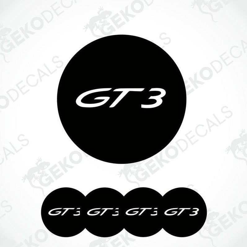 Set of four black and white vinyl decals with the GT3 logo, designed for use on car wheel caps.