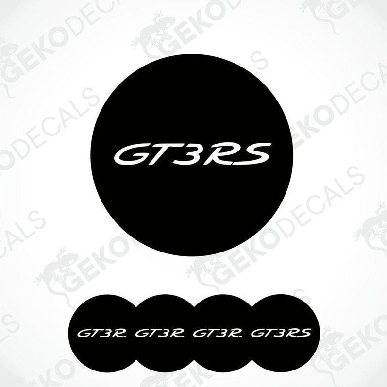 A set of four black vinyl stickers with the text 'GT3 RS' on a white background, with a logo depicting a sports car.
