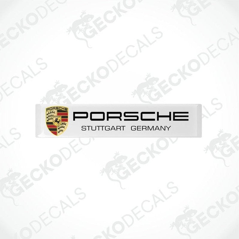 Withe vinyl stickers with the Porsche brand logo and the text 'Stuttgart Germany'.