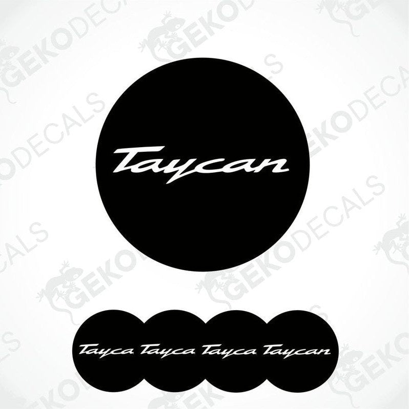 Set of four black round car decals with the text 'Taycan' on them, presented against a white background.
