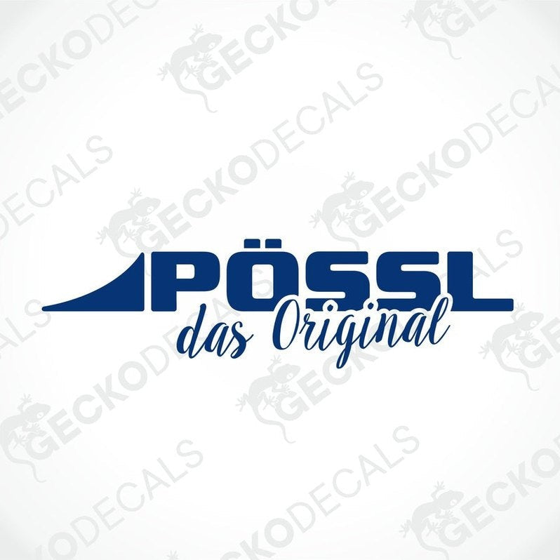 A blue and white vehicle decal with the text 'PÖSSL DAS ORIGINAL' and a logo.
