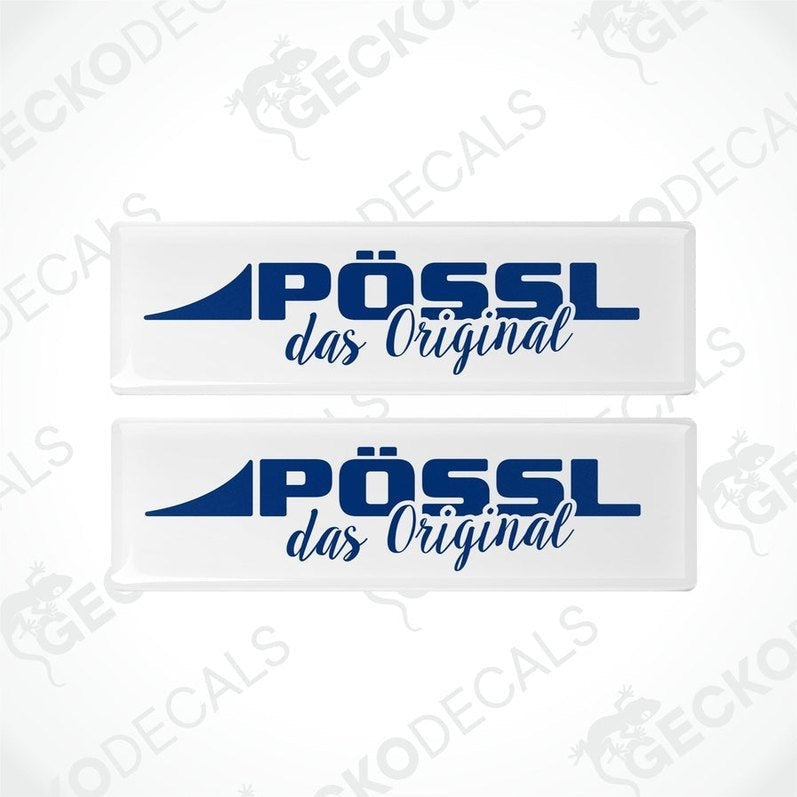 Two white epoxy decals with blue text, one with the text 'PÖSSL' and the other with the text 'DAS ORIGINAL', both with a blue arrow pointing towards the top.