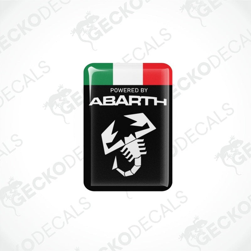 Domed epoxy Abarth vinyl decal featuring green white red stripes and scorpion