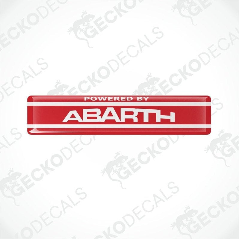 Red vinyl stickers with the text 'POWERED BY ABARTH' and a logo depicting a stylized 'A' in white on a red background, placed against a white background with 'GECKODECALS' and 'ABARTH' logos.