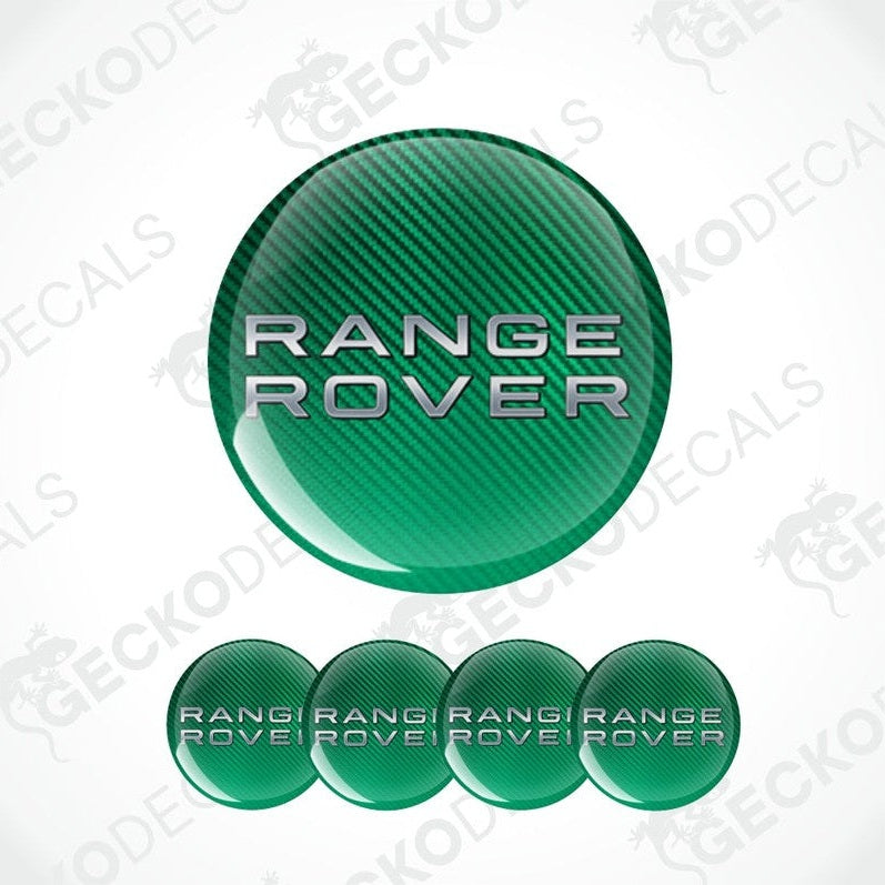 Green 'Range Rover' logo with carbon fiber texture on a white background