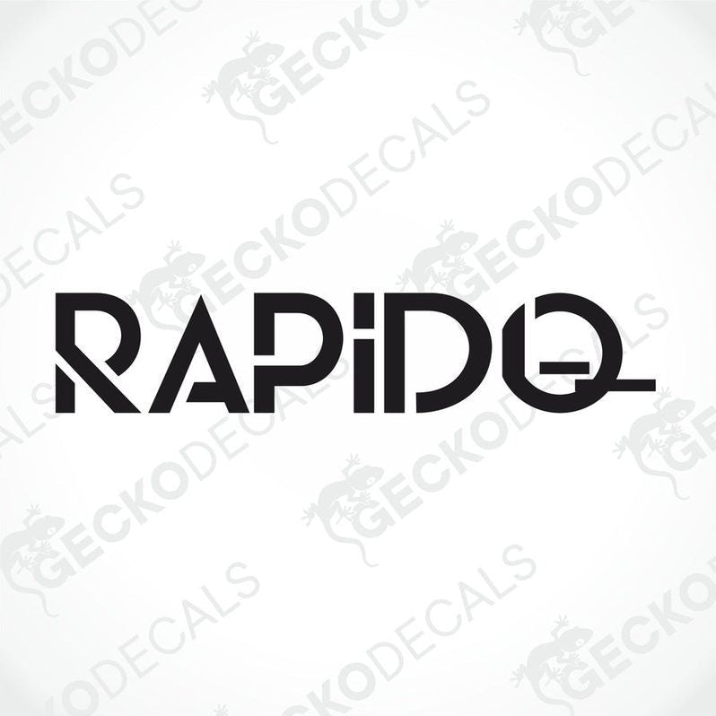 A black and white die cut decal with the word 'RAPIDO' displayed.