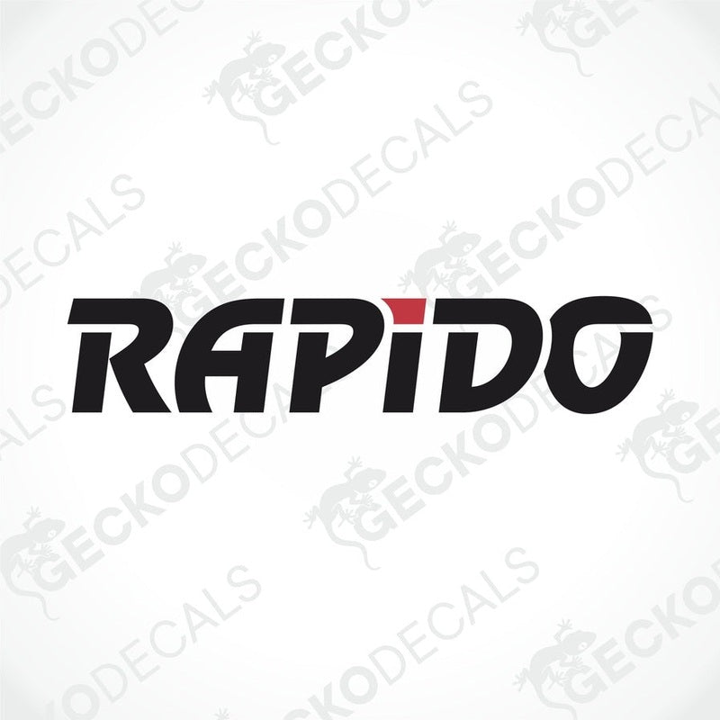 A black, red, and white die cut decal with the word 'RAPIDO' displayed.