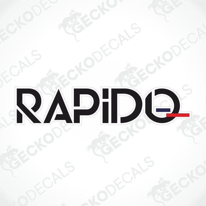 A die cut decal with the word 'RAPIDO' in black and red on a white background, with the Gecko Decals logo at the bottom.