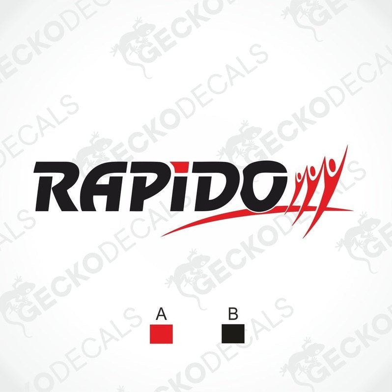 A die cut decal of the RAPIDO brand logo with a black, red, and white color scheme, displayed on a white background. The logo is stylized in a bold font, and the decal has a Gecko Decals watermark.