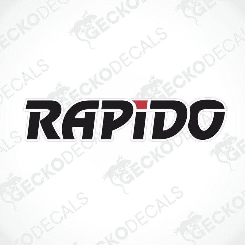 A die cut decal with the word 'RAPIDO' in black and red on a white background, with the Gecko Decals logo at the bottom.