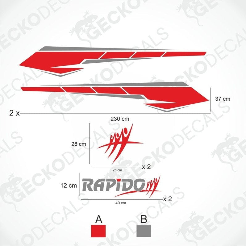 A white caravan with red and grey decals featuring the RAPIDO brand logo and text.
