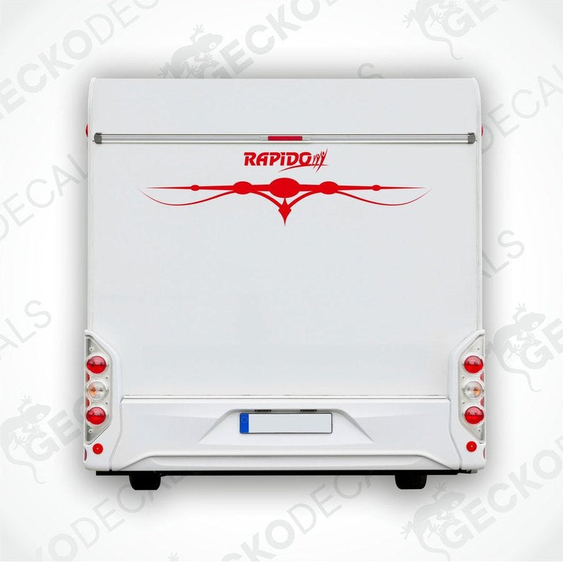Rear decal of a white caravan with the brand name 'RAPIDO' and a red graphic design.