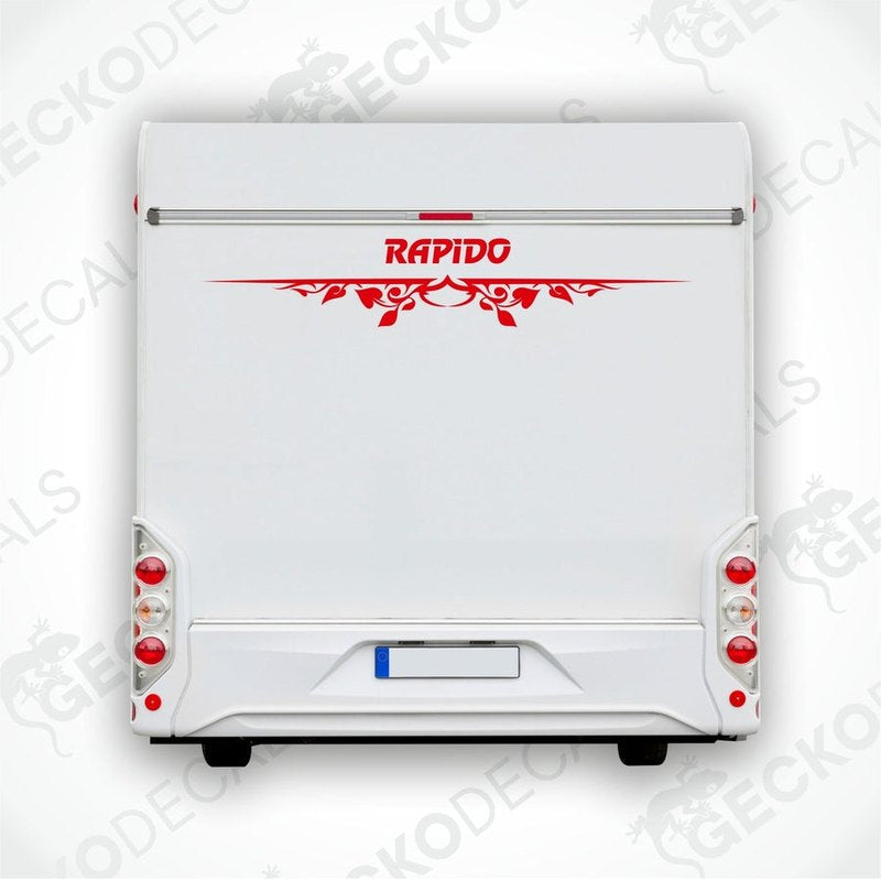 Rear decal of a white caravan with the brand name 'RAPIDO' in red and black.