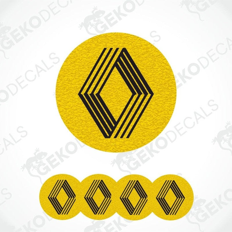 A set of four yellow vinyl decals with black geometric patterns, likely intended for use as car wheel caps or stickers.