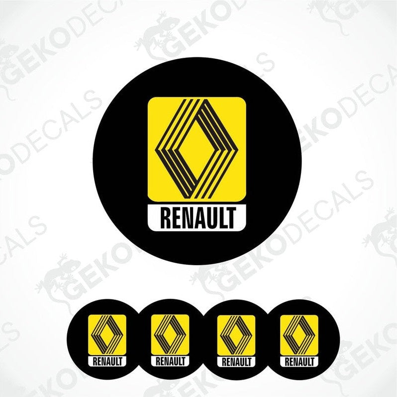 A set of four round vinyl stickers with a ryellow and white renault trucks logo on a black background.