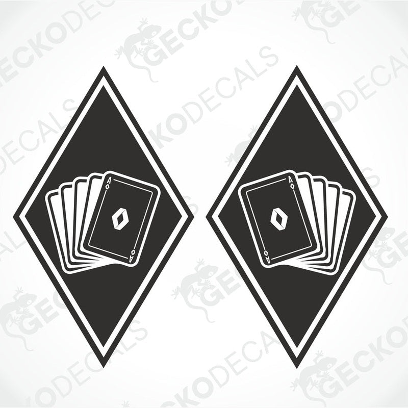 Two black and white die cut decals featuring a diamond shape with a card design inside, intended for use on vehicles.